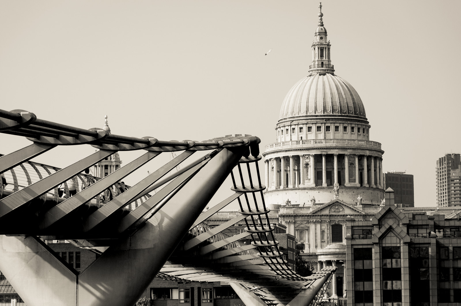 UK, bro, bw, London, monokrom, Nikon, katedral, stål, stpauls, GIMP, millenniumbridge, NIKKOR, stpaulscathedral, floden Themsen, hængebro, wobblybridge, churchofengland, londonmillenniumfootbridge, steelsuspensionbridge, D5000, bishopoflondon, 1685mm, nikkor1685mm, nikond5000, lightroom4