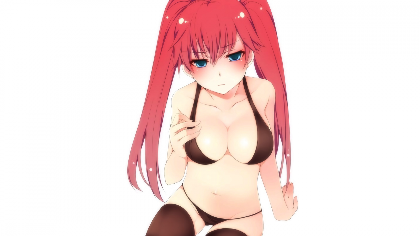 anime, manga, anime dívky, jednoduché pozadí, minimalismus, černé plavky, bikiny, ryšavý, modré oči