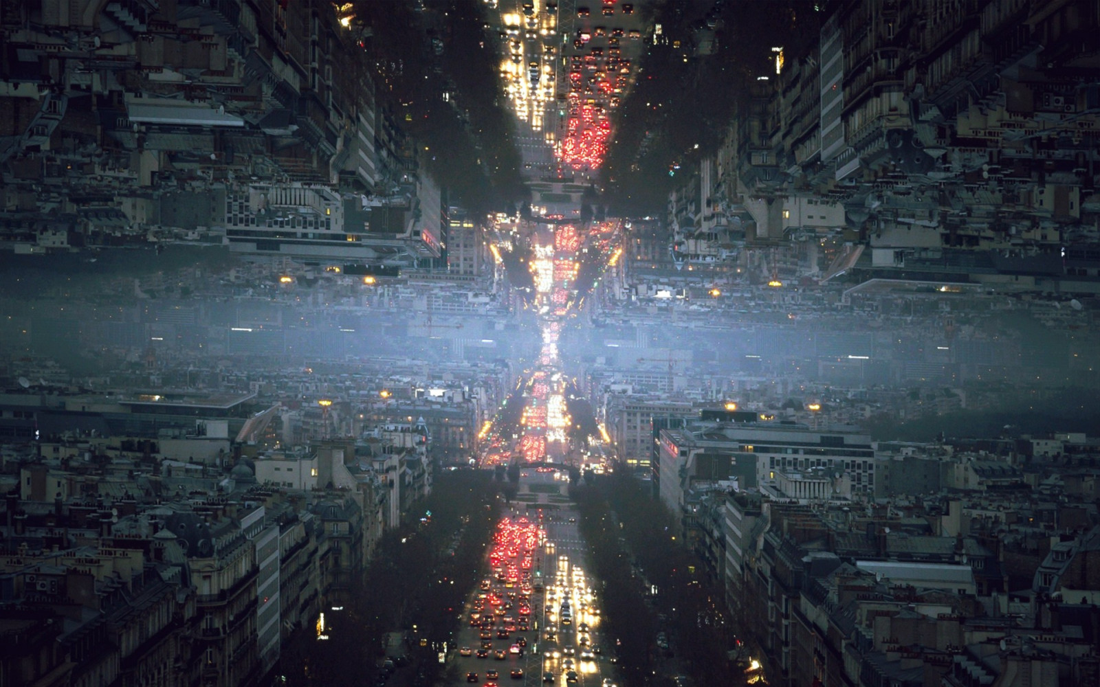 město, panoráma města, noc, odraz, silnice, glitch art, ohňostroj, mrakodrap, mlha, metropole, zrcadlové