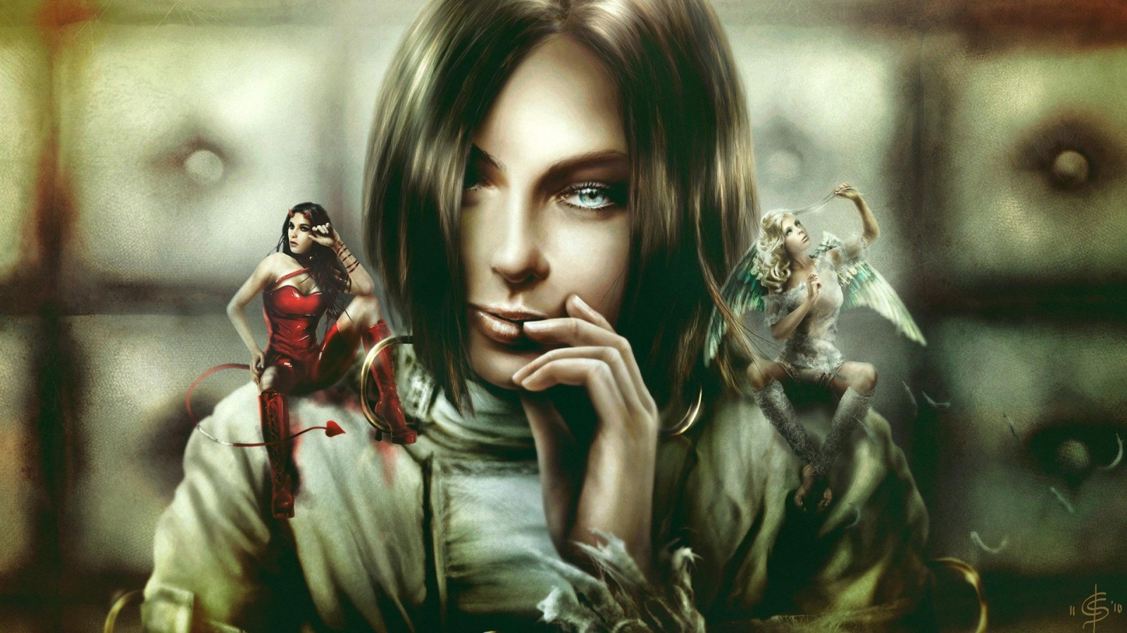 1920x1080 piksel, Melekler, SANAT, Resim, Esmer, şeytan, dijital, Fantezi, Kadınlar