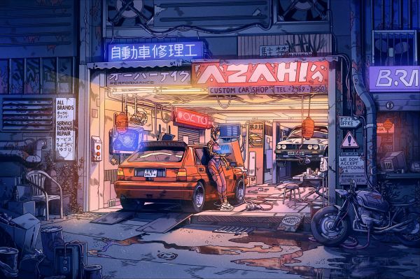 digital art, artwork, illustration, Garage, environment, car