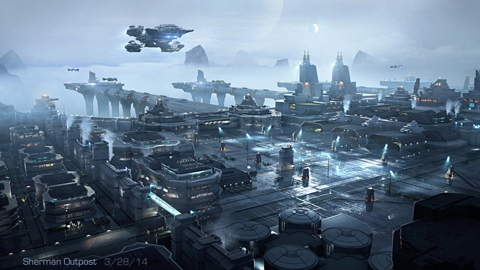 videójátékok, város, városkép, futurisztikus, repülőgép, láthatár, felhőkarcoló, tudományos-fantasztikus, a Star Citizen, panoráma, világváros, screenshot, háttérképként, atmoszférában föld, emberi település, légi fényképezés