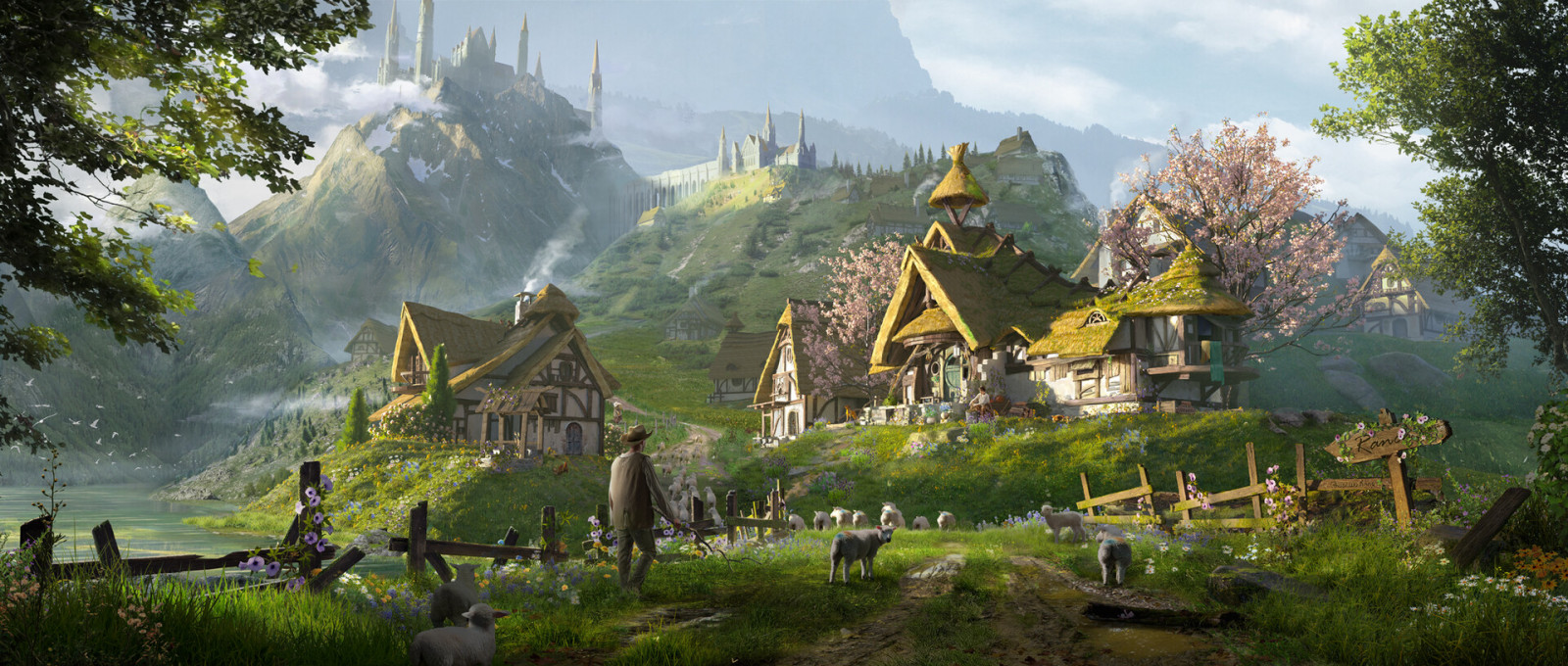 cielo, pianta, montagna, mondo, ecoregione, costruzione, nube, natura, montanaro, Natural landscape, tempio, albero, casa, erba, bioma, tempo libero, paesaggio, area rurale, mattina, morfologie montane, viaggio, punto di riferimento, ARTE, prato, prateria, collina, insediamento umano, catena montuosa, collina stazione, la pittura, Turismo, natura selvaggia, architettura cinese, cittadina, capanna, storia antica, Strategy video game, sito storico, storia, villaggio, luogo di culto, visual arts, illustrazione, video game software, giungla, ricreazione, città, giardino, pascolo, attrazione turistica, gioco pc, tetto, villaggio di montagna, Alpi