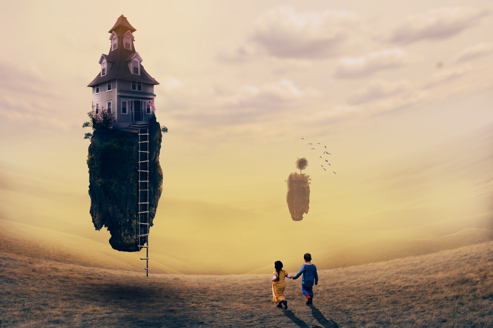 stromy, digitální umění, Photoshop, ptactvo, západ slunce, moře, děti, Příroda, tráva, nebe, pole, Dům, žlutý, modrý, ráno, věž, slunce, horizont, život, Adobe, einorasv, Atmosféra Země, 3456x2304 px