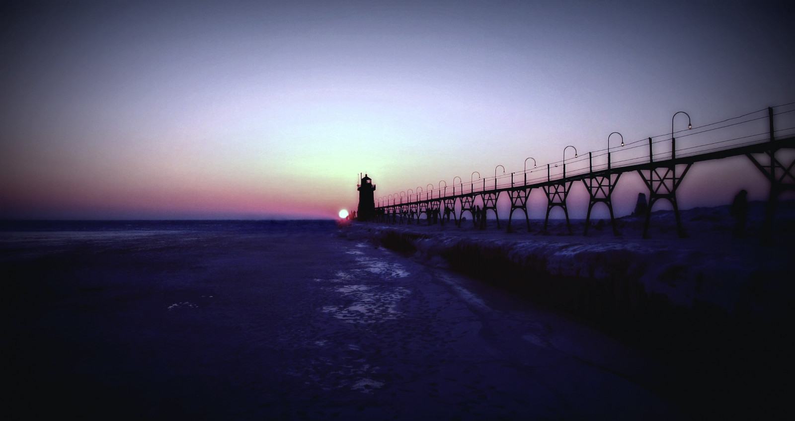 slunečnímu záření, západ slunce, moře, noc, odraz, nebe, zima, silueta, svítání, led, Studený, večer, ráno, maják, slunce, horizont, atmosféra, molo, soumrak, Michigan, světlo, mrak, mlha, svítání, oceán, vlna, tvar, tma, atmosférický jev, puremichigan, southhaven
