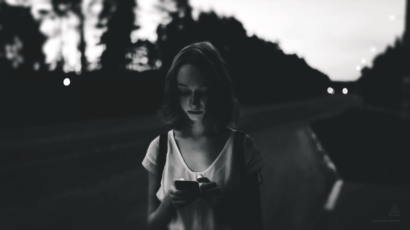 lidé, ženy, digitální obraz, černobílý, chytrý telefon, košile, noc