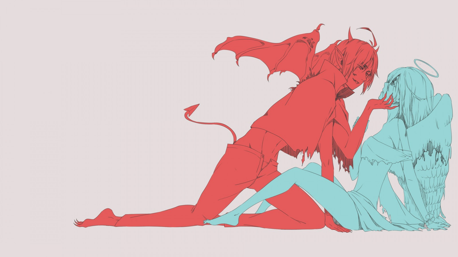 ilustrace, anime, anime dívky, ocas, minimalismus, Červené, křídla, anděl, umělecká díla, růžky, kreslená pohádka, Nebe peklo, Svatozář, démon, devils, Renz Christa, ecchi, Ymir, kloub, UMĚNÍ, sval, savec, grafika, 1920x1080 px, počítač tapeta, obratlovců, fiktivní postava, font, orgán, mýtické zvíře, supernatural creature