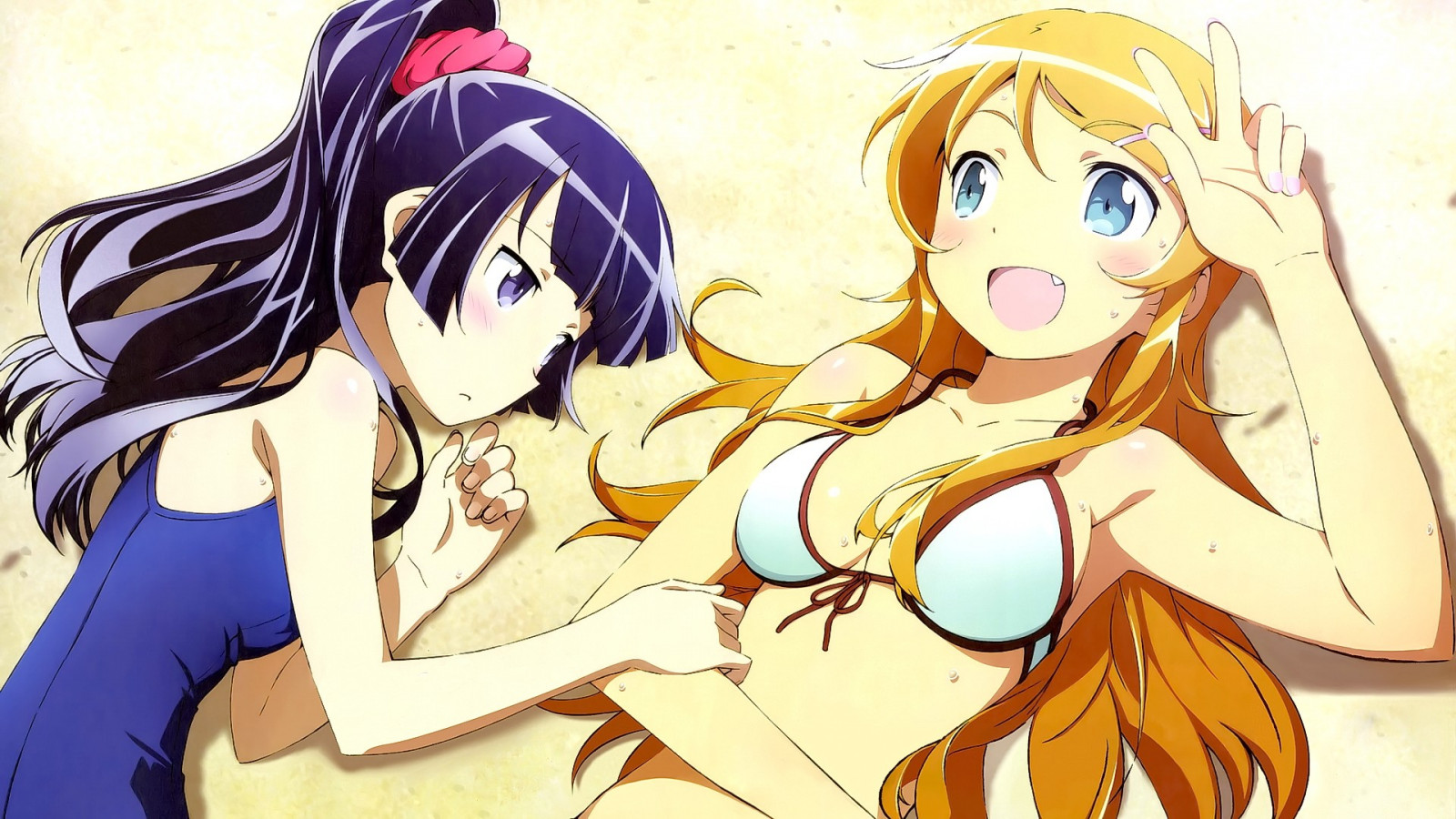 ilustrace, blondýnka, odvrátila, dlouhé vlasy, anime, anime dívky, modré oči, bruneta, otevři pusu, pláž, usmívající se, kreslená pohádka, černé vlasy, bikiny, Rudy žádnou Imouto ga Konnani kawaii Wake ga Nai, Kousaka Kirino, Gokou Ruri, mangaka