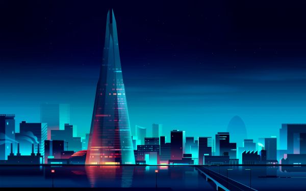 lights, digital art, city, cityscape, night, architecture