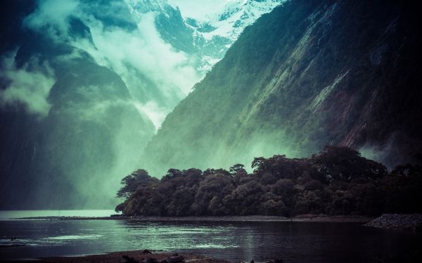 landscape, forest, waterfall, mountains, sea, lake
