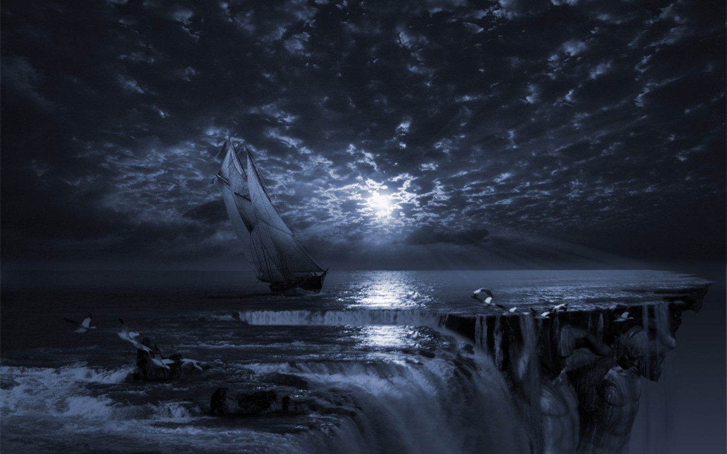 luce del sole, monocromo, Fantasy art, mare, notte, riflessione, cielo, chiaro di luna, orizzonte, atmosfera, nave fantasma, fine del mondo, leggero, nube, tempo metereologico, onda, oscurità, immagine dello schermo, fenomeno atmosferico, sfondo del computer, bianco e nero, fotografia in bianco e nero, spazio