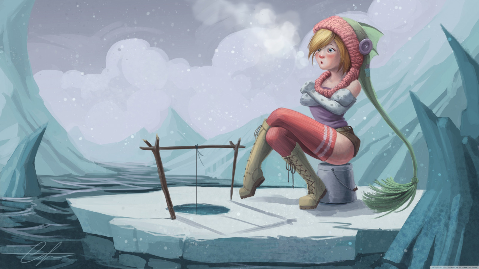 disegno, illustrazione, donne, Fantasy art, Fantasy Girl, anime, inverno, pesca, schizzo, immagine dello schermo, personaggio fittizio