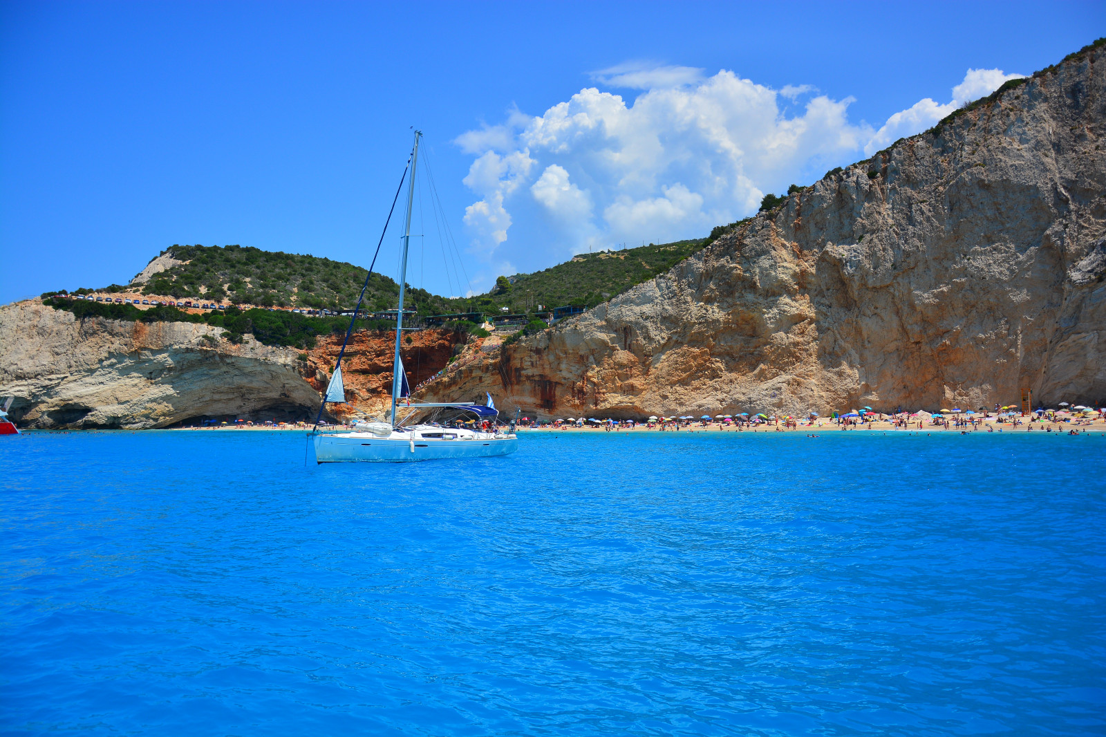blå, hav, sommer, himmel, strand, vand, skyer, ø, båd, Nikon, klipper, dag, yacht, Grækenland, Porto, Lefkas, ioniske, Lefkada, katsiki, d5200, pwpartlycloudy