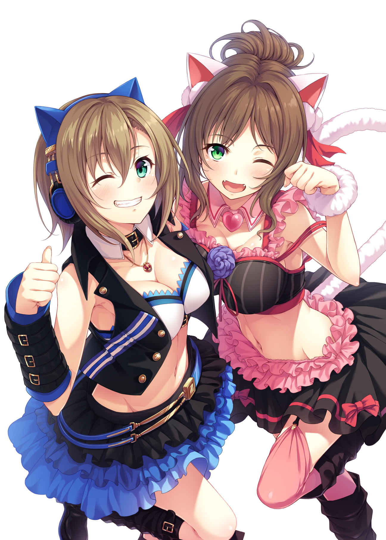 Maekawa Miku, Tada Riina, THE email protected Cinderella Girls, THE email protected, anime dívky, nekomimi, zelené oči, výstřih, sluchátka