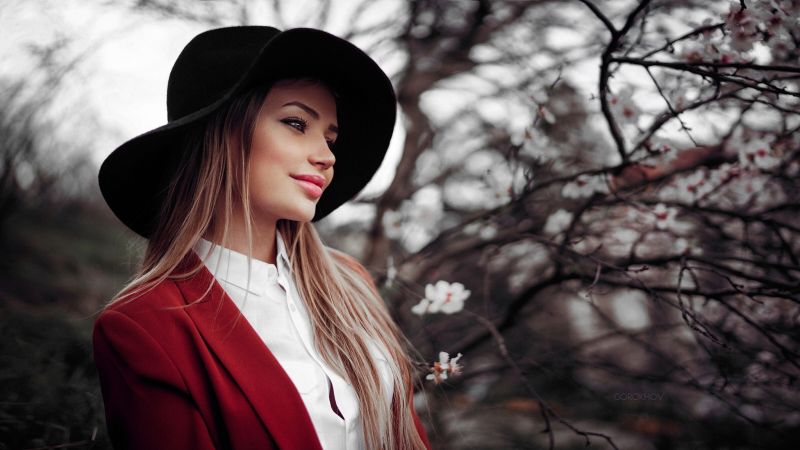 ženy, model, Červené, čepice, zima, portrét ženy, model, Červené, čepice, zima, portrét
