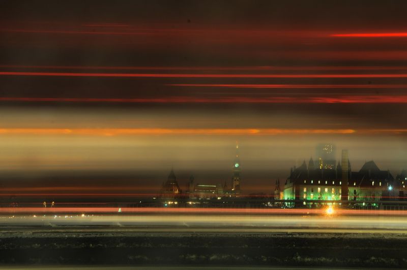 nebe, noc, horizont, panoráma města, atmosféra, město