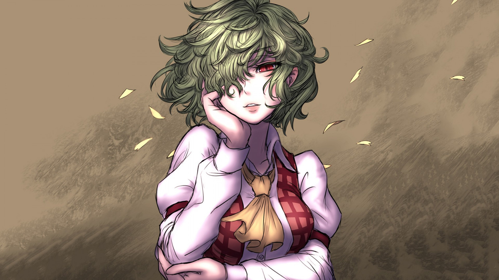 výkres, anime, Touhou, červené oči, Zelené vlasy, rukou na obličej, přehoz, kazami Yuuka, Květinové plátky, šály, skica, Snímek obrazovky, mangaka