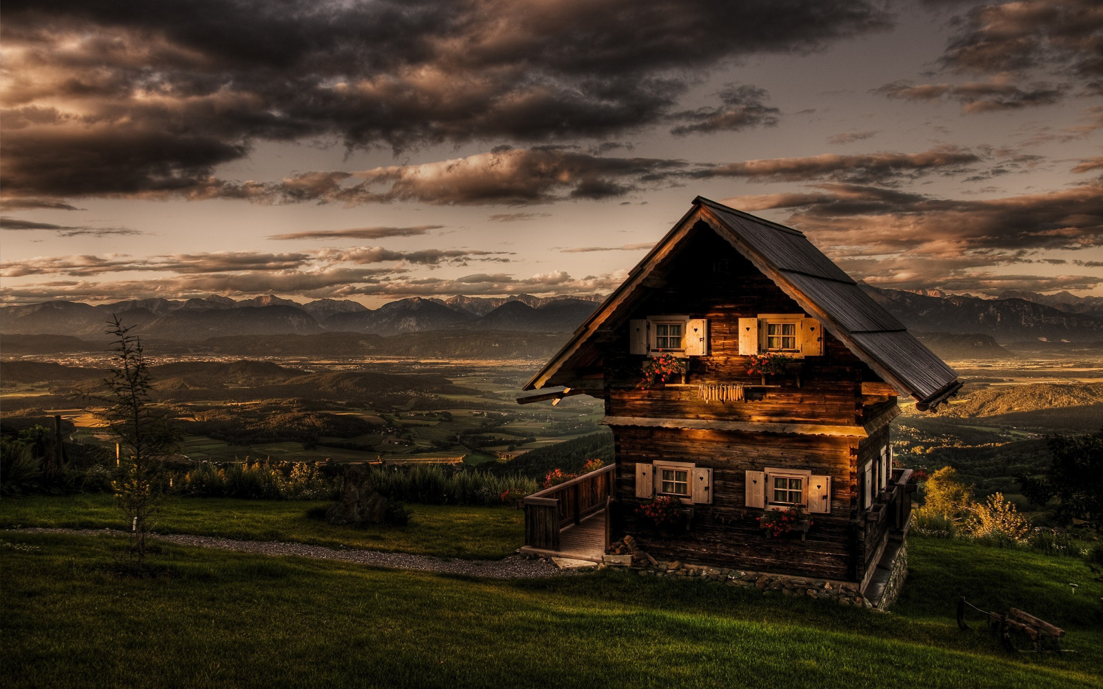 Wallpaper : sunlight, landscape, sunset, hill, nature, sky, house ...
