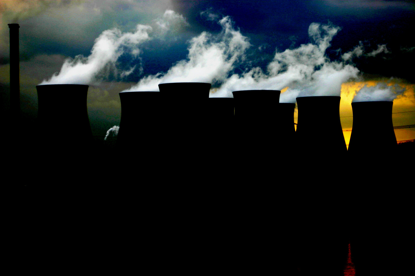 západ slunce, komín, kouř, Yorkshire, 8, parní, osm, elektrárna, coolingtowers, Ferrybridge