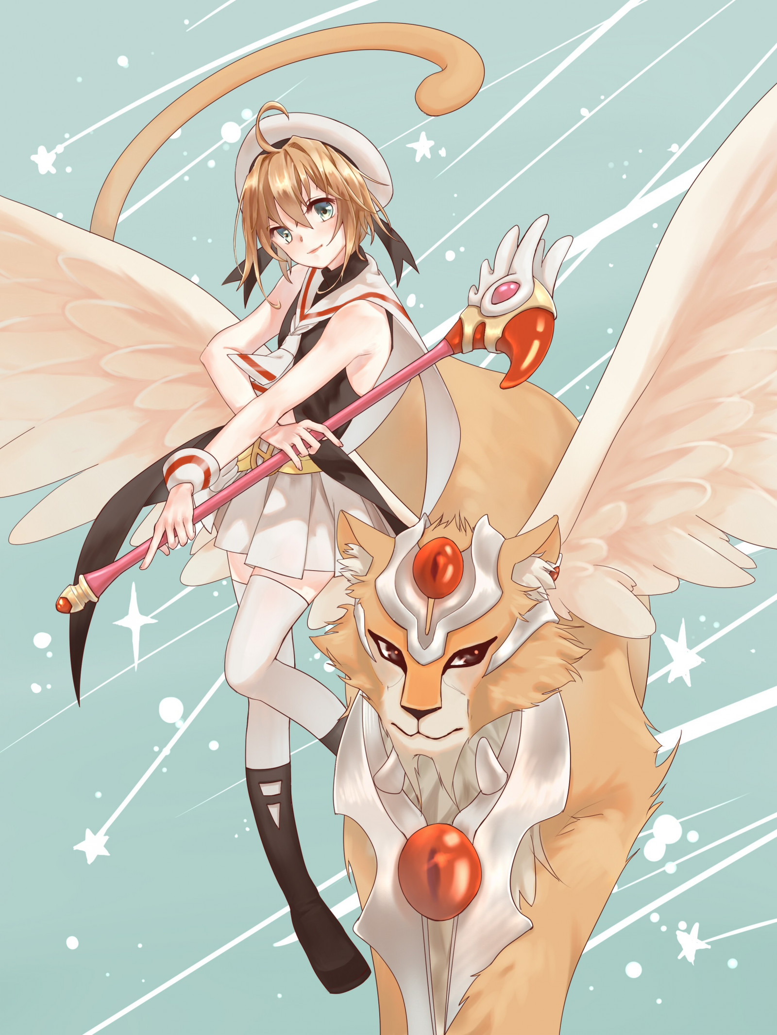 illustration, anime, Anime piger, kort hår, vinger, grønne øjne, tiger, tegneserie, Card Captor Sakura, vinge, fiktiv karakter, mangaka