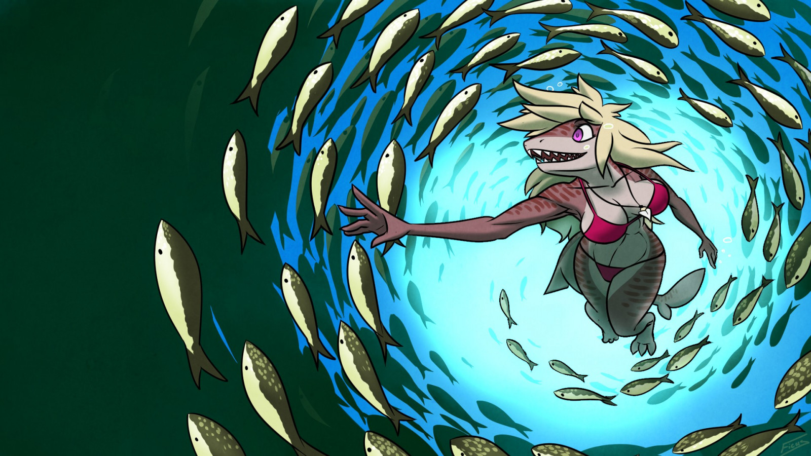 ilustrace, žralok, srstnatý, Anthro, plavání, fiktivní postava