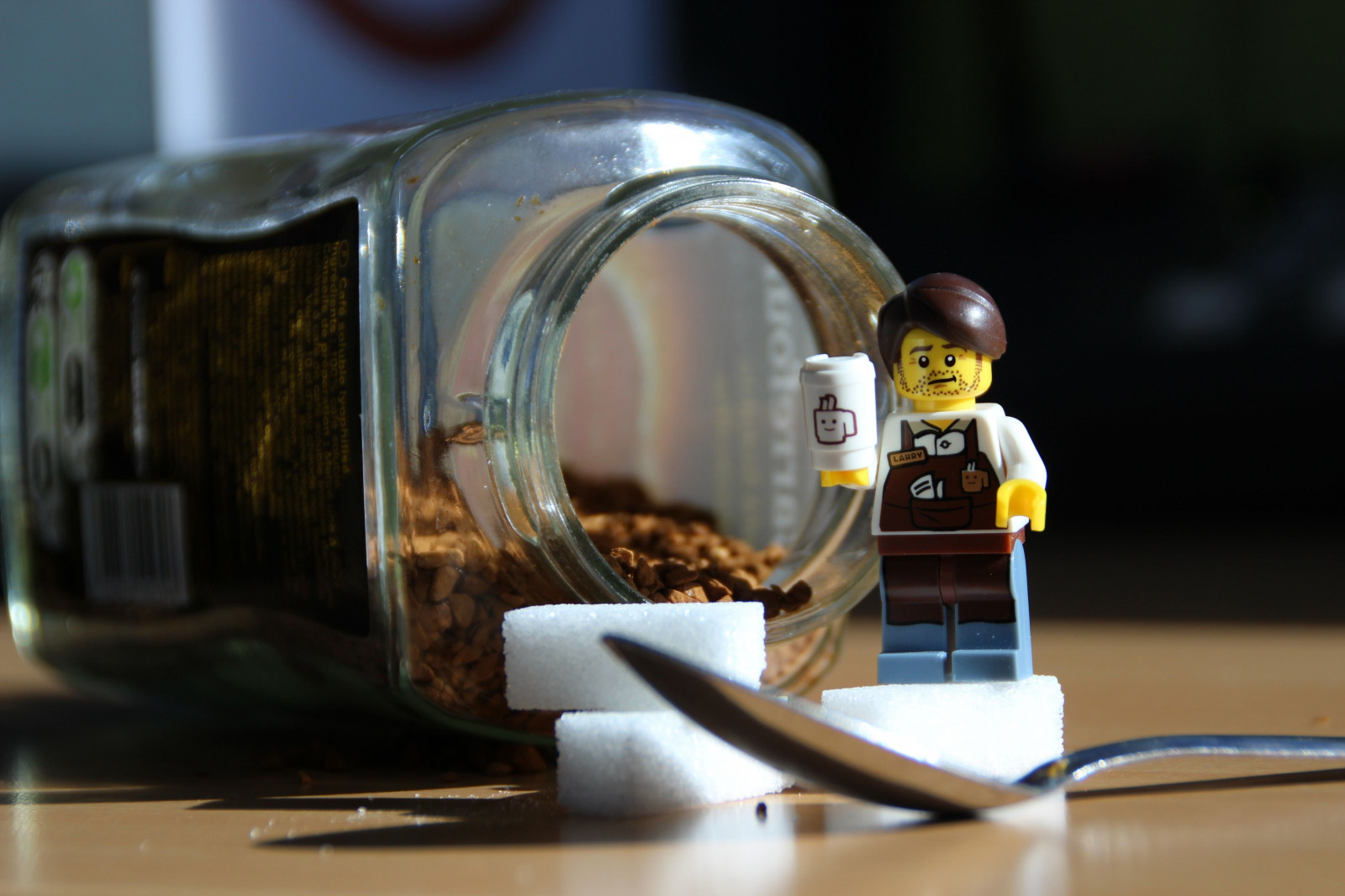 LEGO, hračky, detailní, miniatury, humor, fotografování, hloubka pole, cukr, lžíce, káva, stůl, Nescafe