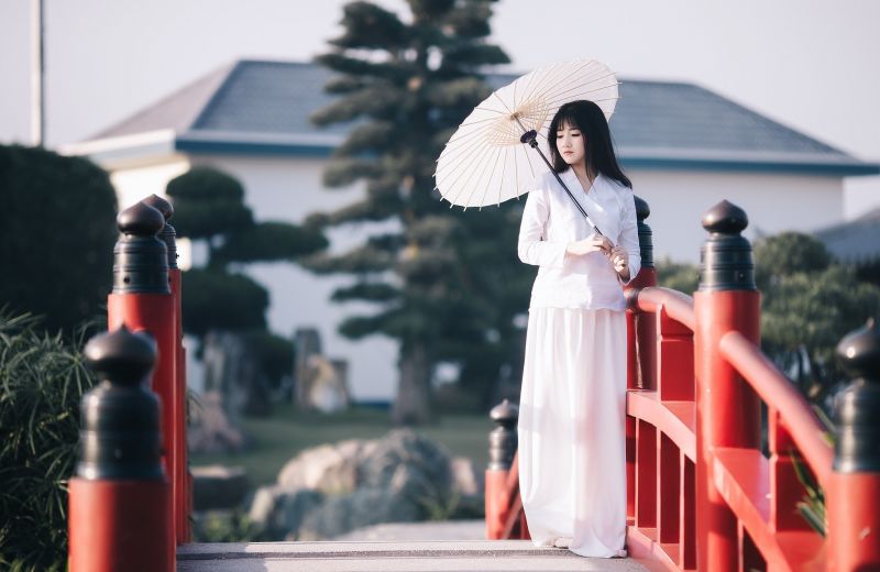 Frau, Modell-, rot, asiatisch, Regenschirm, Brücke Frau, Modell-, rot, asiatisch, Regenschirm, Brücke