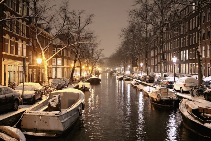 sníh, zima, vodní, kanál, odraz, voda