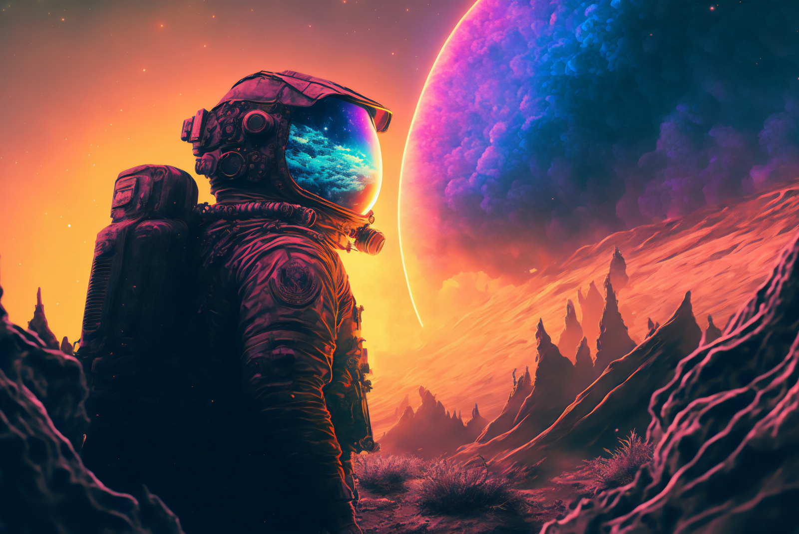ai art, ilustrace, trippy, psychedelic, astronaut, krajina, planeta, hory