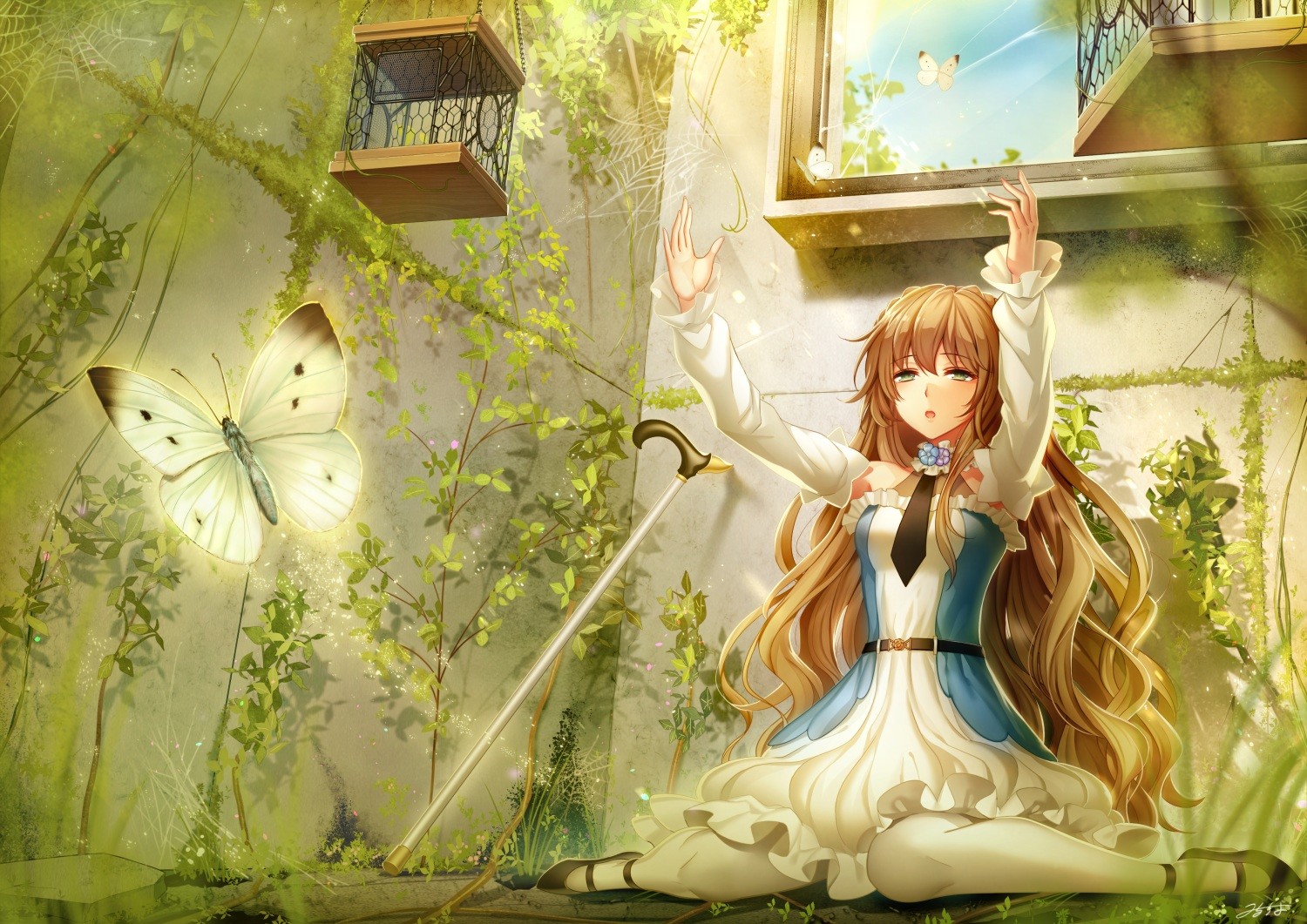 dlouhé vlasy, anime, anime dívky, bruneta, šaty, motýl, kravata, mytologie, zřícenina, květ, víla, fiktivní postava