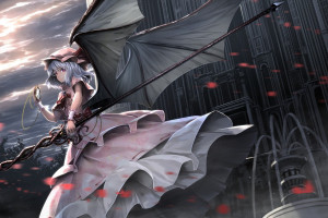 デスクトップ壁紙 東方 アニメの女の子 レミリアスカーレット 翼 帽子 単純な背景 ドレス ショートヘア 紫色の髪 赤い目 太ももの高 吸血鬼 2560x1440 Jonns デスクトップ壁紙 Wallhere