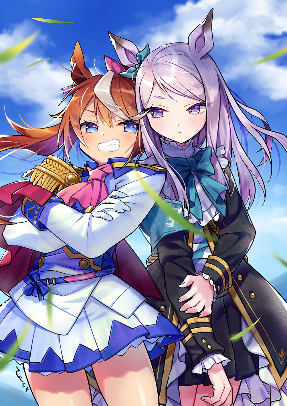 anime, anime dívky, Uma Musume Pretty Derby, horse girls, zvířecí uši, Tokai Teio Uma Musume, koňský ohon, bruneta, Mejiro McQueen Uma Musume, dlouhé vlasy, fialové vlasy, umělecká díla, digitální umění, fan art, fialové oči