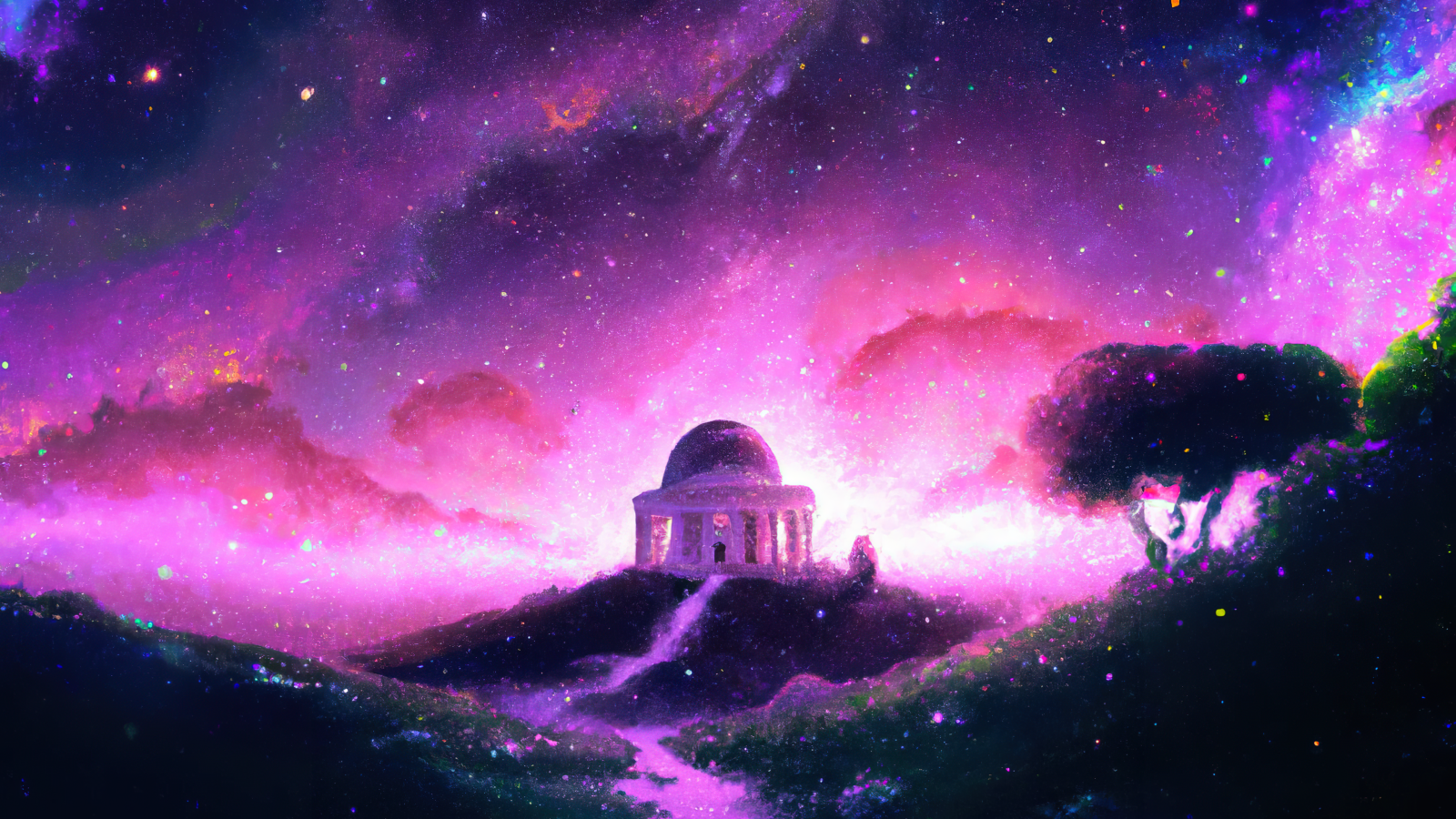 ai art, malování, AI painting, space art, hvězdy, noční obloha, pavilón, kopce, hvězdné noci, mlhovina, chrám