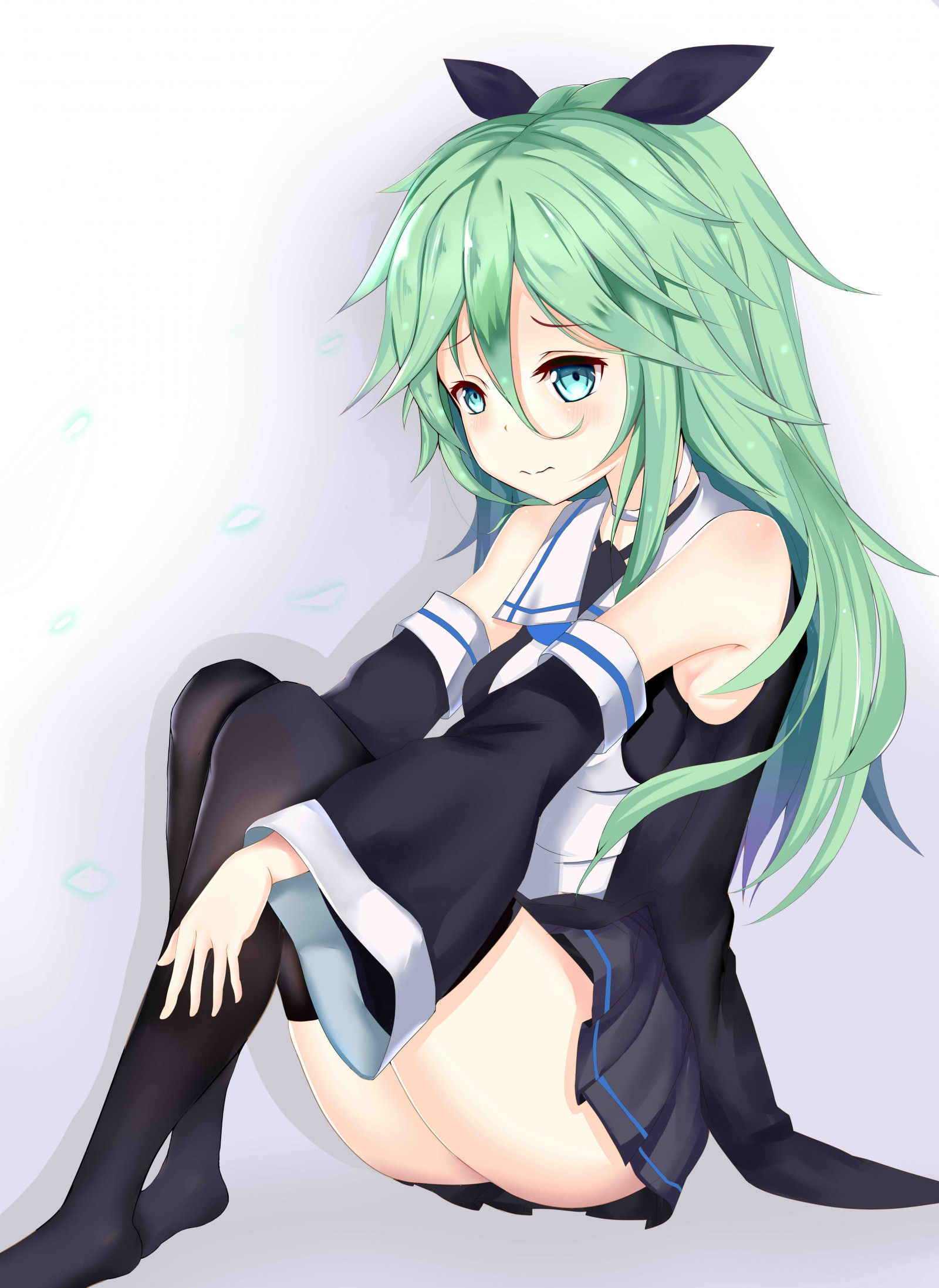 illustration, langt hår, anime, Anime piger, grønne øjne, strømper, tegneserie, Kantai Collection, sort hår, lår højder, nederdel, grønt hår, Yamakaze KanColle, skitse, mangaka