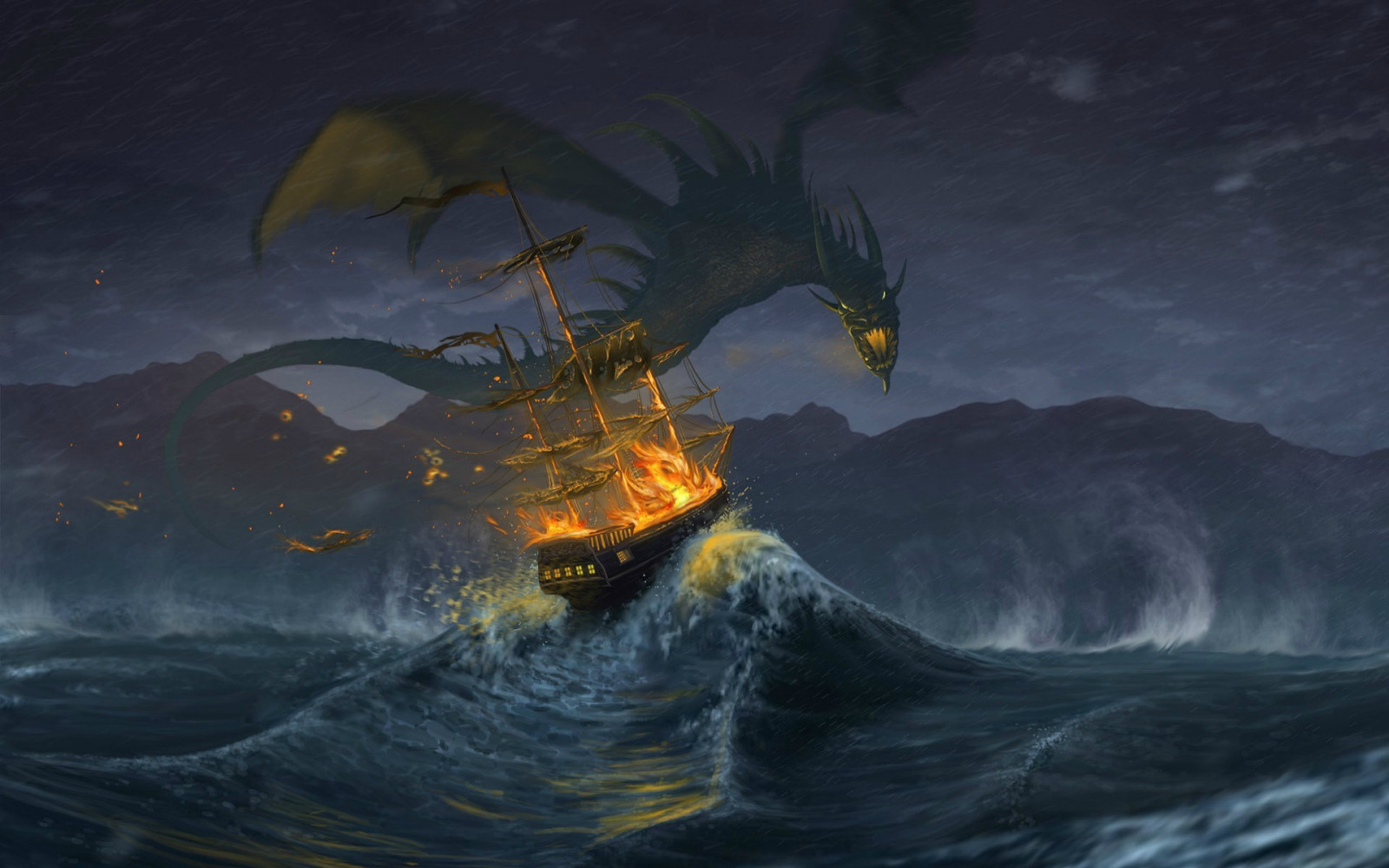 velero, Arte fantasía, mar, fuego, dragón, barco fantasma, Terreno, Oceano, ola, oscuridad, captura de pantalla, Papel pintado de la computadora, Fenómeno geológico, Onda de viento