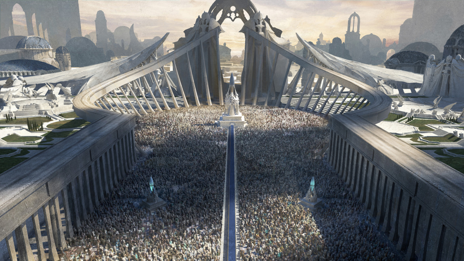 sky, world, cloud, wall, public space, mountainous landforms, city, landscape, bridge, leisure, symmetry, road, fence, metal, reflection, rock, nonbuilding structure, cg artwork, winter, Tourism, cityscape, soil, tourist attraction, monument, Strategy video game, street, handrail, fictional character, night, horizon, historic site, illustration, Freezing, pc game, crowd, panorama