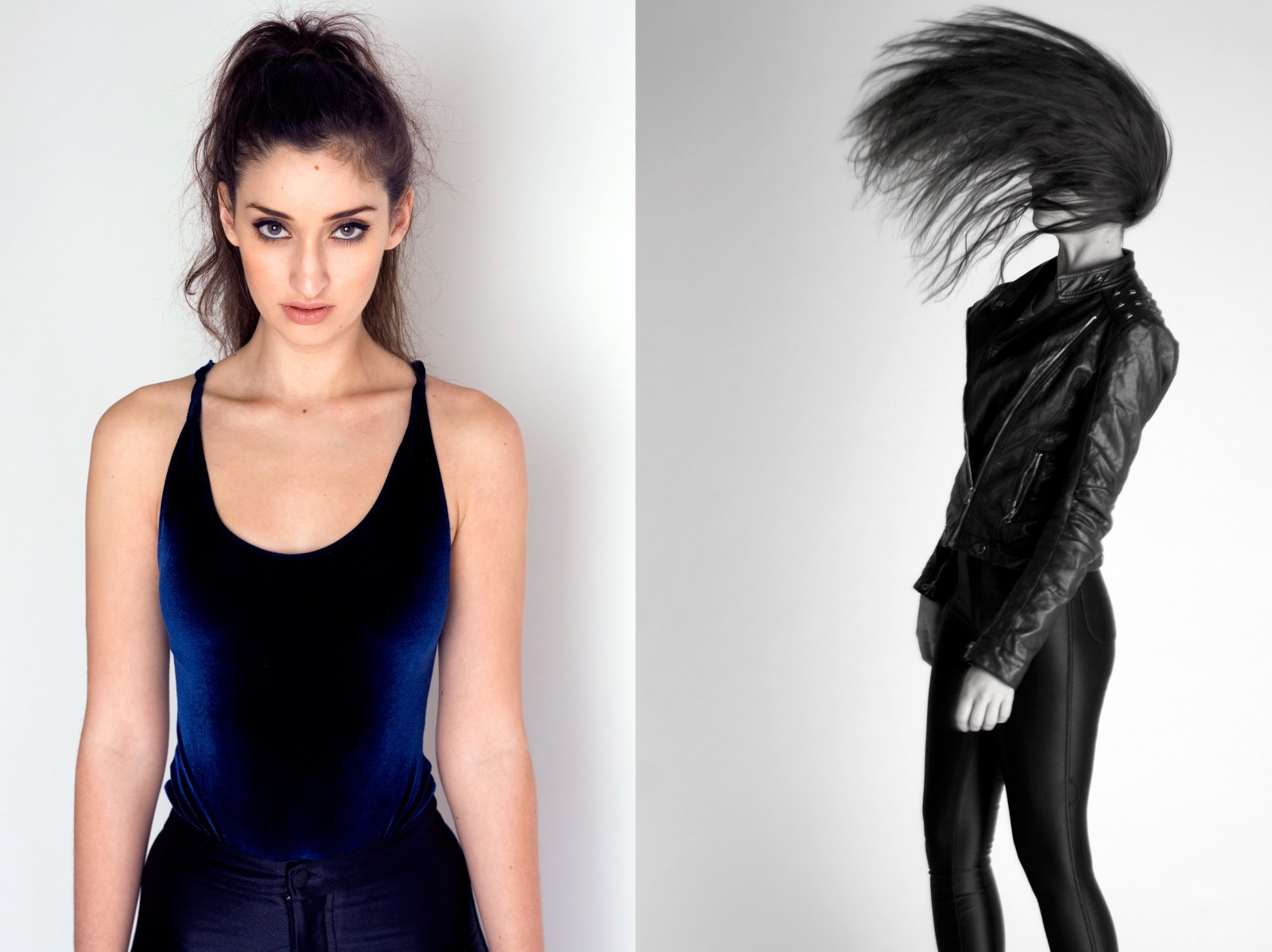 sort, model, øjne, collage, fotografering, kjole, blå, sort hår, mode, hår, læder, Blitz, Studio, fløjl, tøj, supermodel, pige, kvinde, bevægelse, belysning, arm, frisure, langt hår, tekstil, hår flip, Photo shoot, menneskelige legeme, overtøj, orla, photocollage, discopants, twophotos, flashlighting