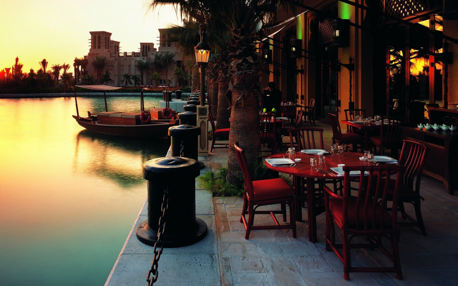 solnedgang, by, bybilledet, nat, by-, aften, flod, restaurant, caféer, 2560x1600 px