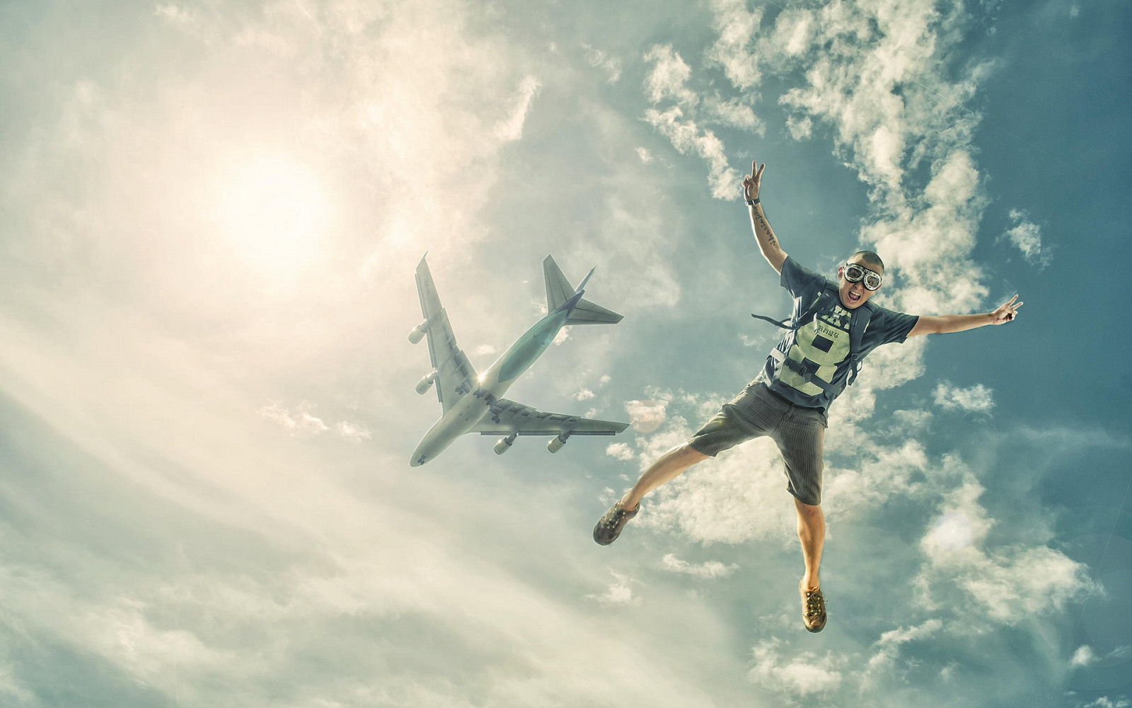 sport-, zonlicht, landschap, hemel, jumping, wolken, vliegtuig, Zon, Speelgoed, Skydiver, wolk, aardatmosfeer, extreme sport, parachutespringen, Windsports
