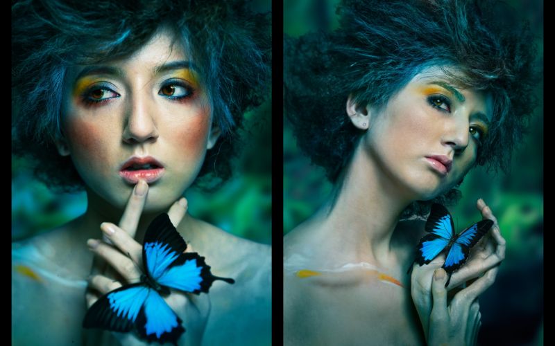 tvář, ženy, fantasy umění, motýl, model, modrý tvář, ženy, fantasy umění, motýl, model, modrý