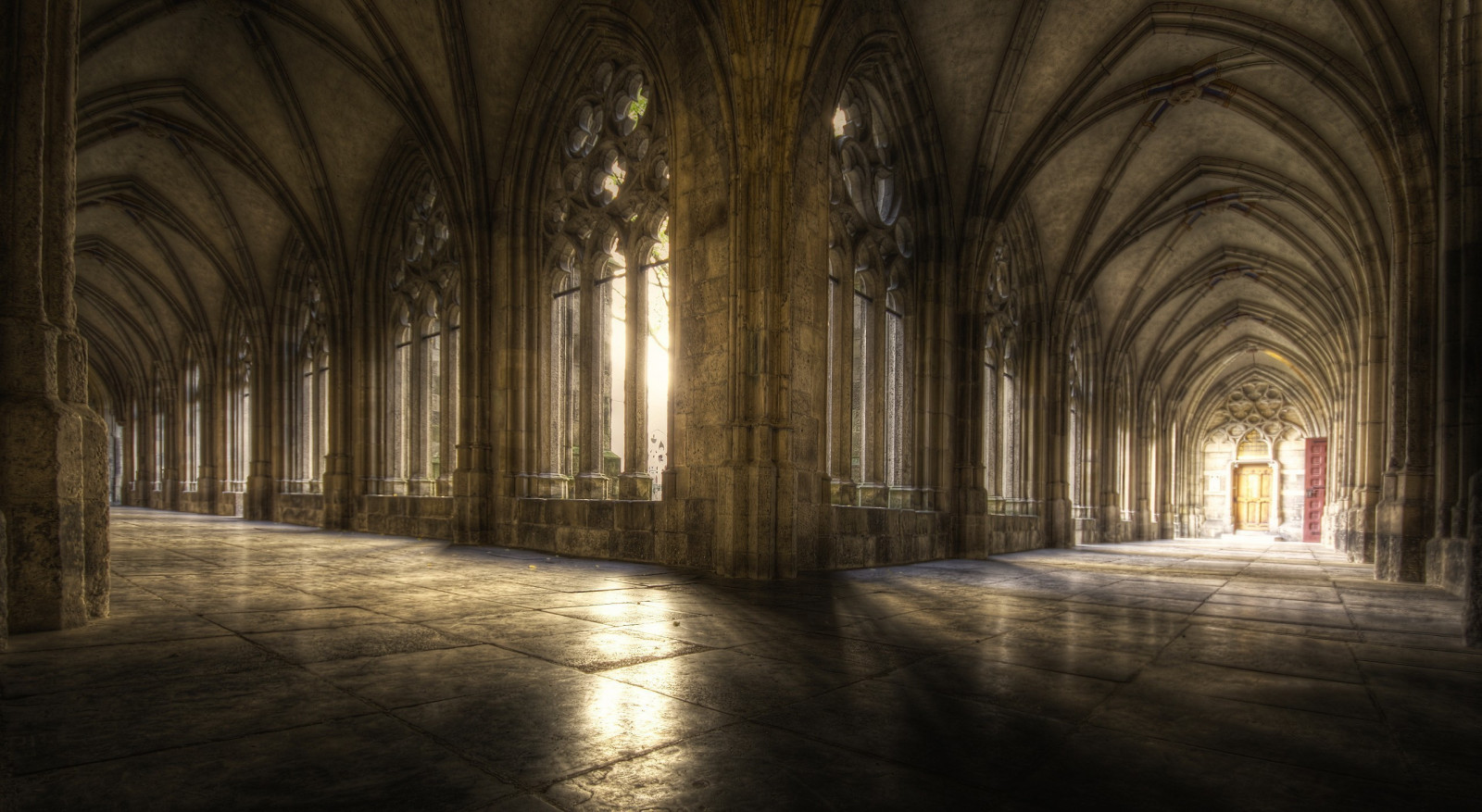 slunečnímu záření, noc, architektura, budova, symetrie, oblouk, stará budova, katedrála, klášter, kaple, gotická architektura, Opatství, světlo, tma, Snímek obrazovky, dávná historie, místo uctívání, krypta, klenba, ulička