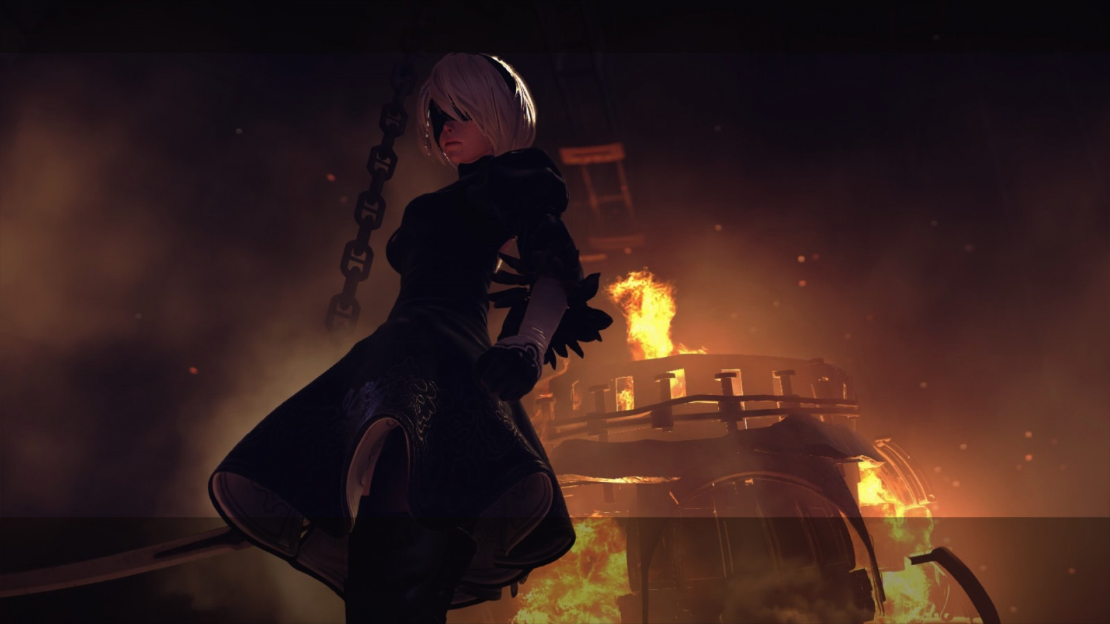 videohry, noc, oheň, Nier Automaty, 2B Nier Automata, NieR, Snímek obrazovky, tma, Snímek obrazovky, 2B