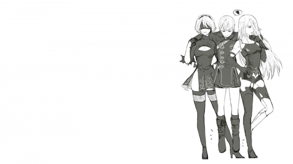 Nier Automata,2B Nier Automata,A2 Nier Automata,9S Nier Automata,simple background,monochrome