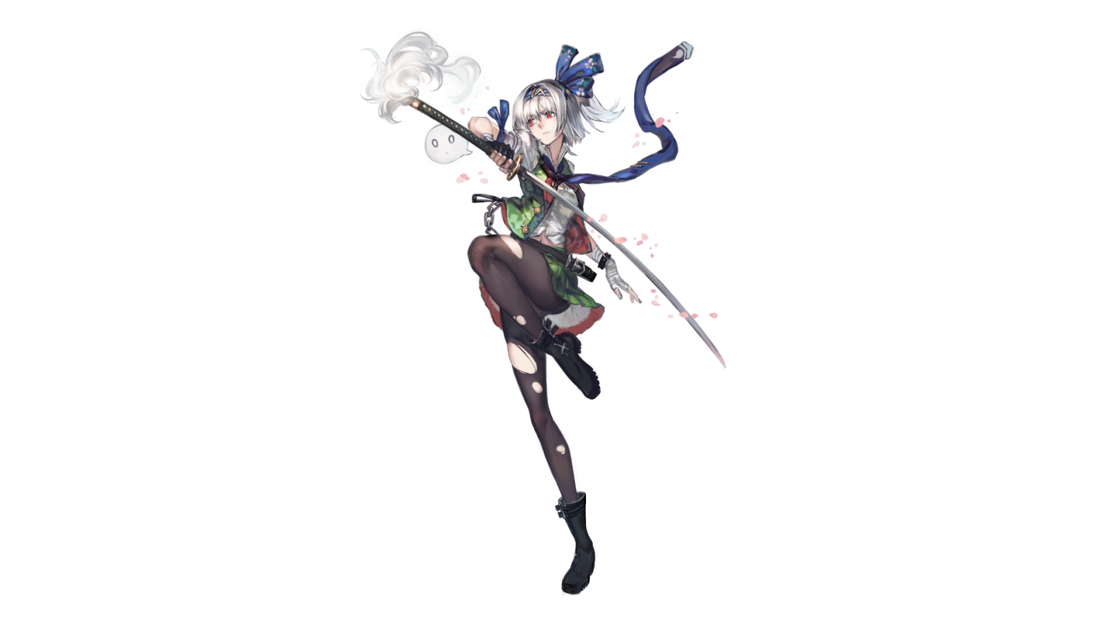 bílé vlasy, anime, anime dívky, zbraň, kreslená pohádka, katana, červené oči, Řetězy, vlasy luky, Hračka, figurka, akční figurka