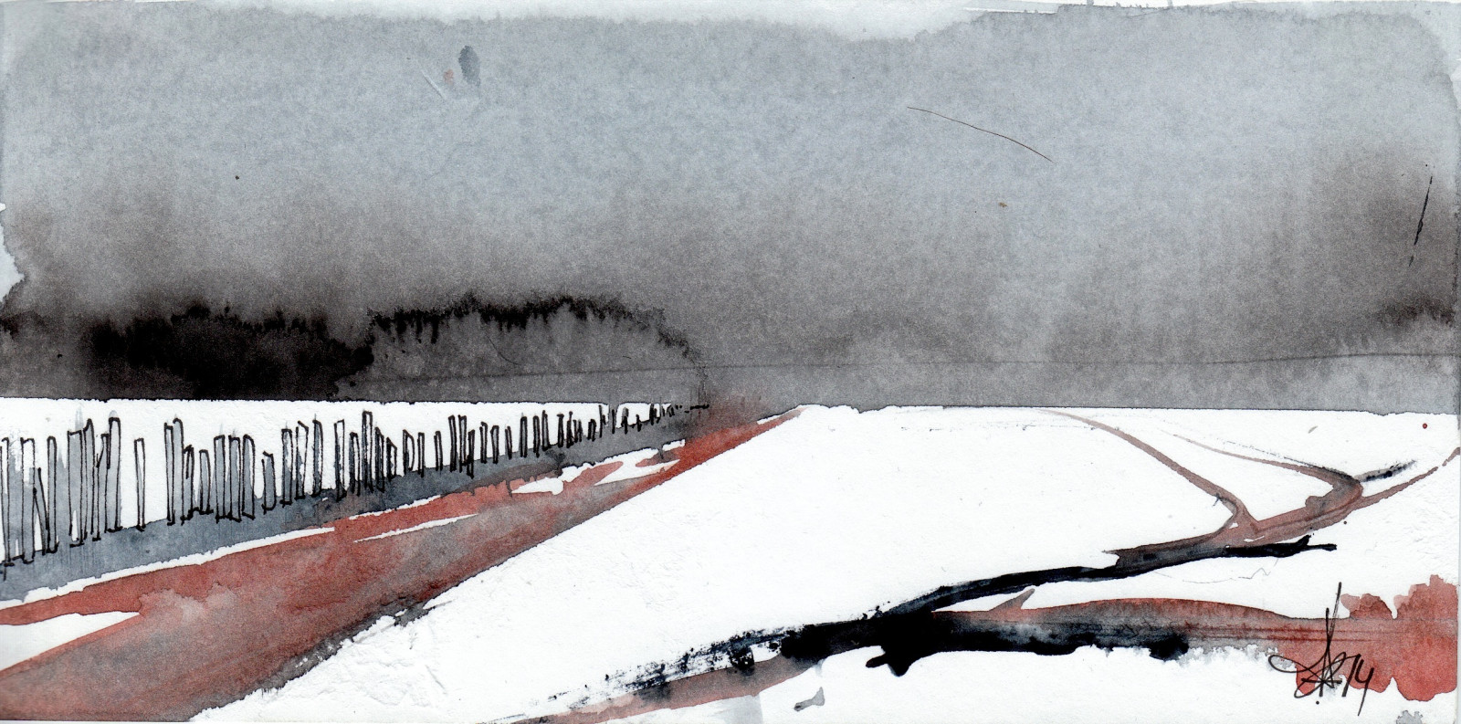 landskab, maleri, hjort, rød, sne, vinter, skyer, horisont, papir, akvarel, Pen, blæk, Fryser, stylo, Rouge, paysage, neige, KUNST, maling, nuages, snestorm, John, engelsk, hegn, Fred, geologisk fænomen, vinter storm, papier, akvarel, anglais, aquarelle, spor, encre, piquets