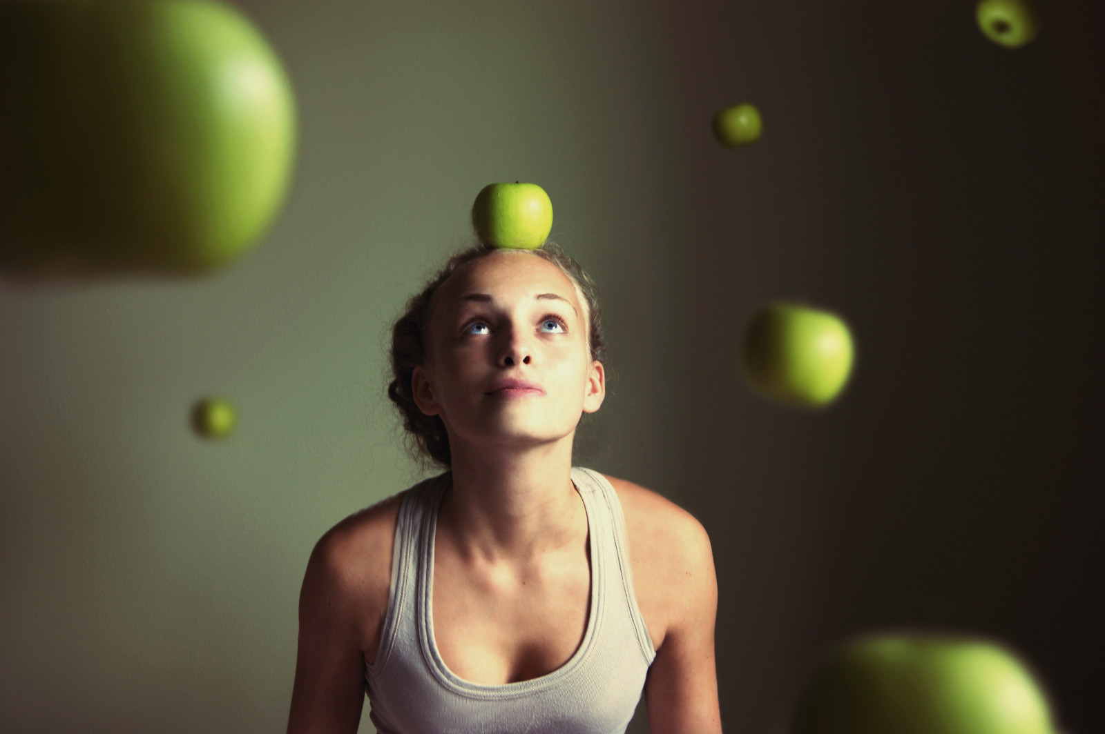 grøn, gul, skønhed, pige, tennisbold, sjovt, smil