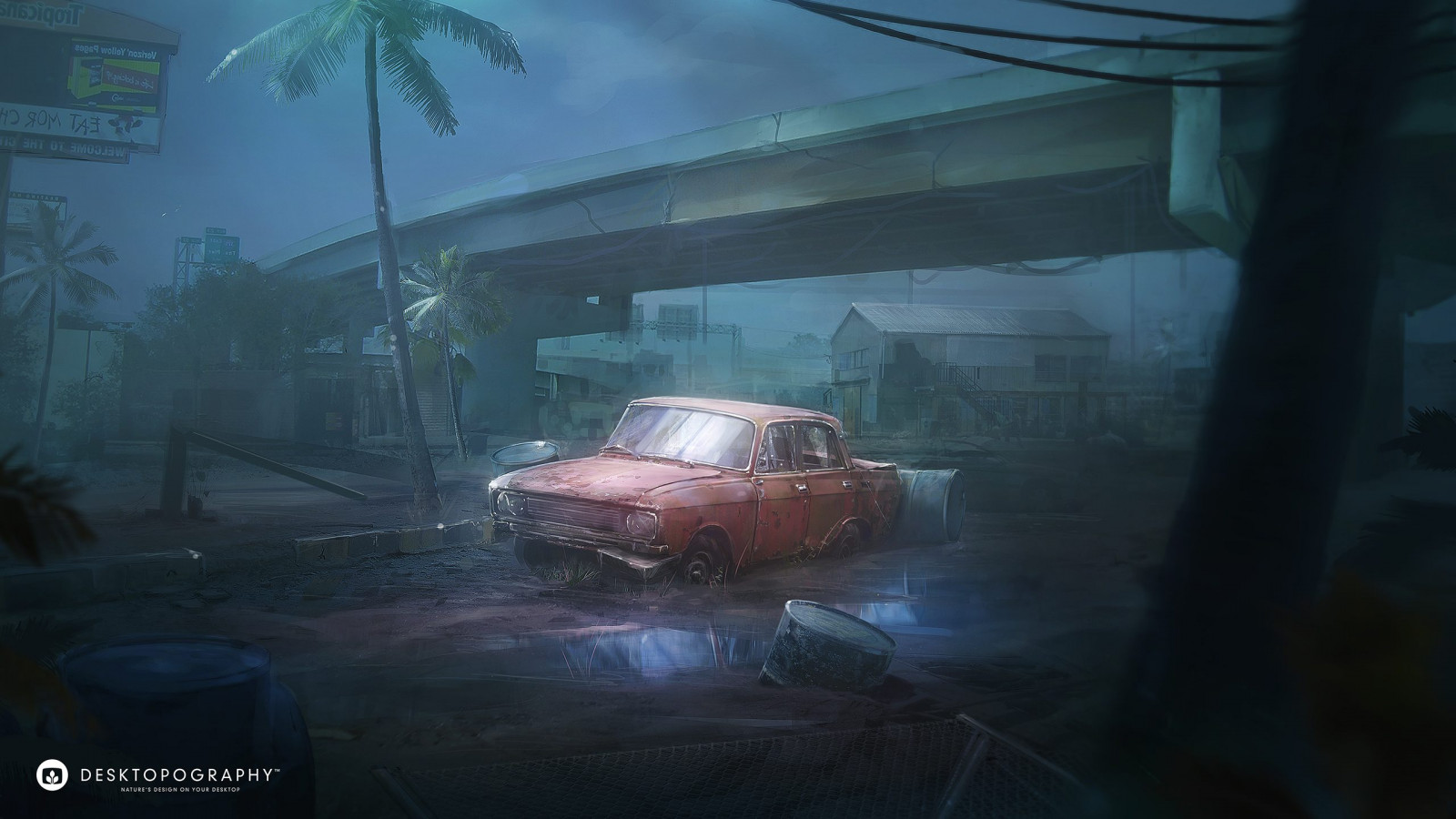 opuštěný, digitální, auto, most, palmy, město, Desktopography, Photoshop, Micha Krawczyk