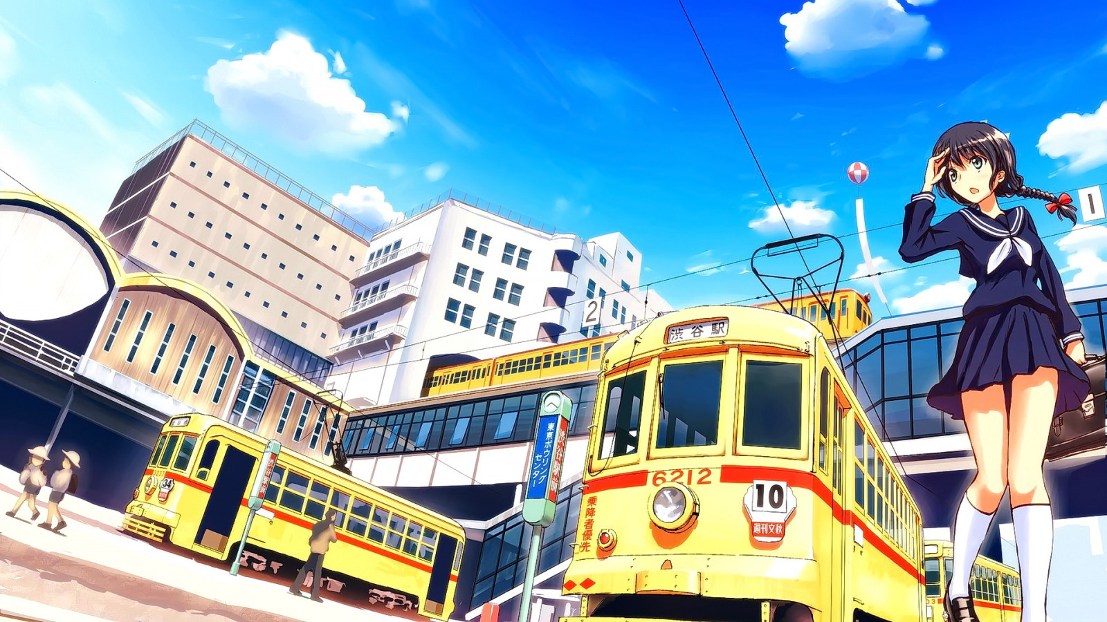 ilustrace, odvrátila, anime, anime dívky, modré oči, bruneta, zelené oči, školní uniforma, Původní znaky, festival