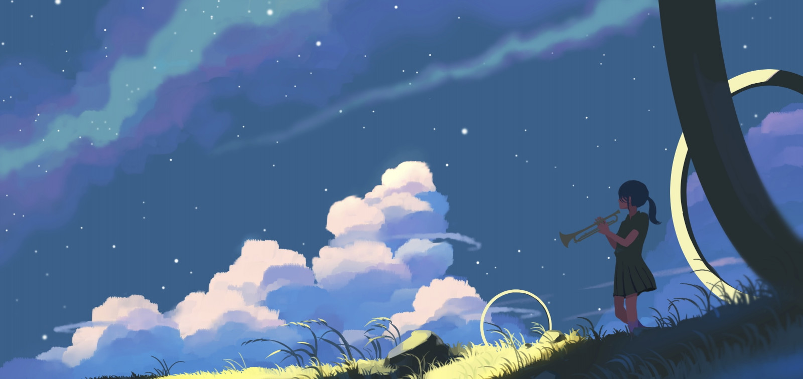 Taizo, arte digitale, opera d'arte, illustrazione, paesaggio, cielo, nuvole, stelle, notte, strumento musicale, gonna, donne