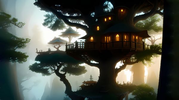 Stable Diffusion,4k,ai art,tree house,lights,dawn